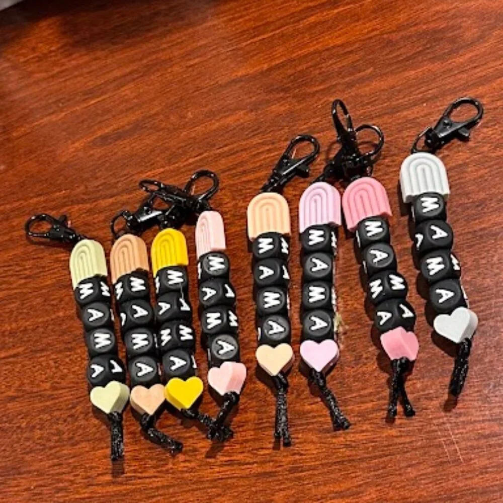 **SET OF 8** Mama Letter Blocks Rainbow Silicone Beaded Pastels Bag Charms